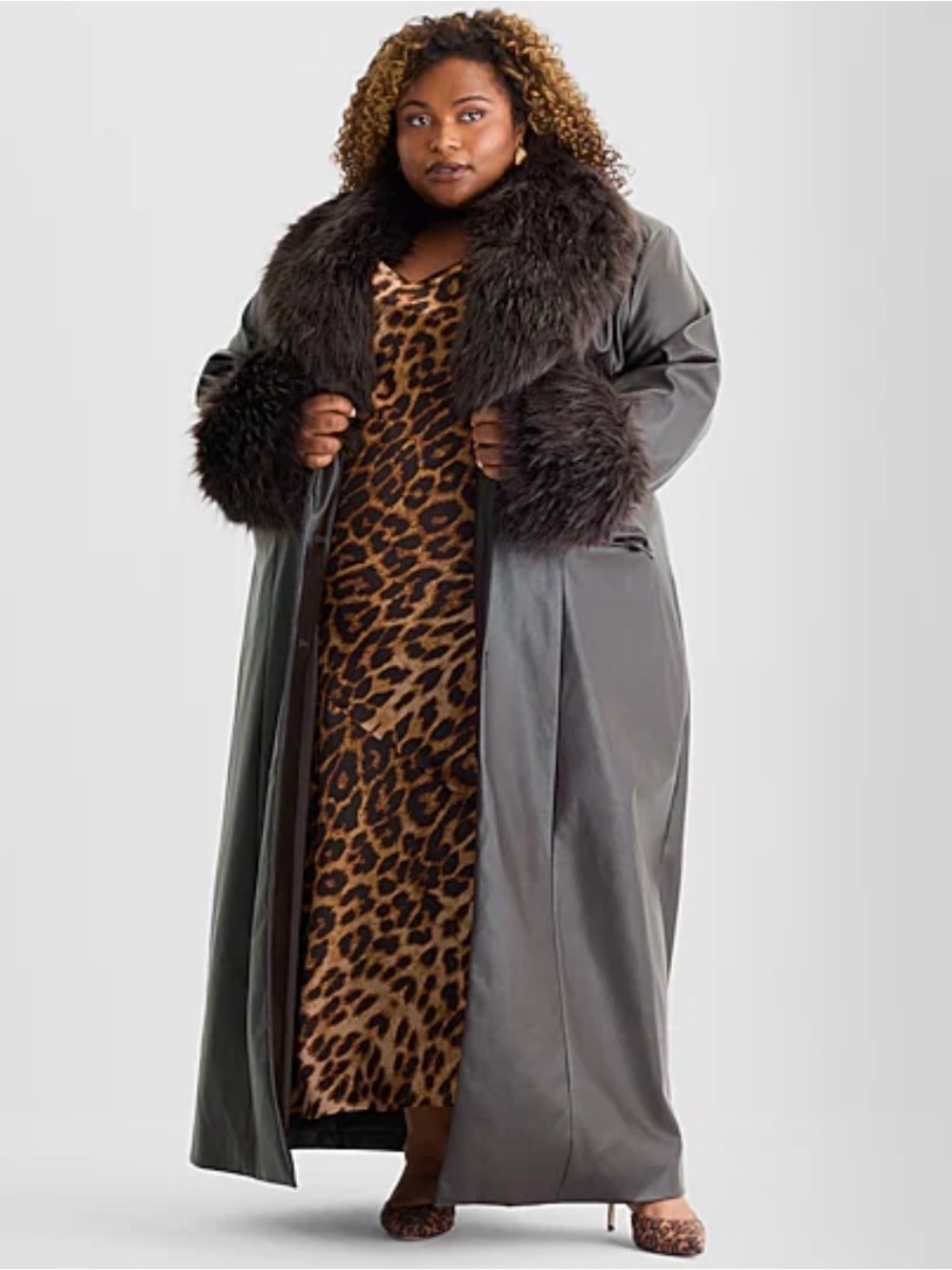 NEW Ashley Graham Dark Brown Fur Wrap Long Coat Women’s Plus Size 2X MSRP $300
